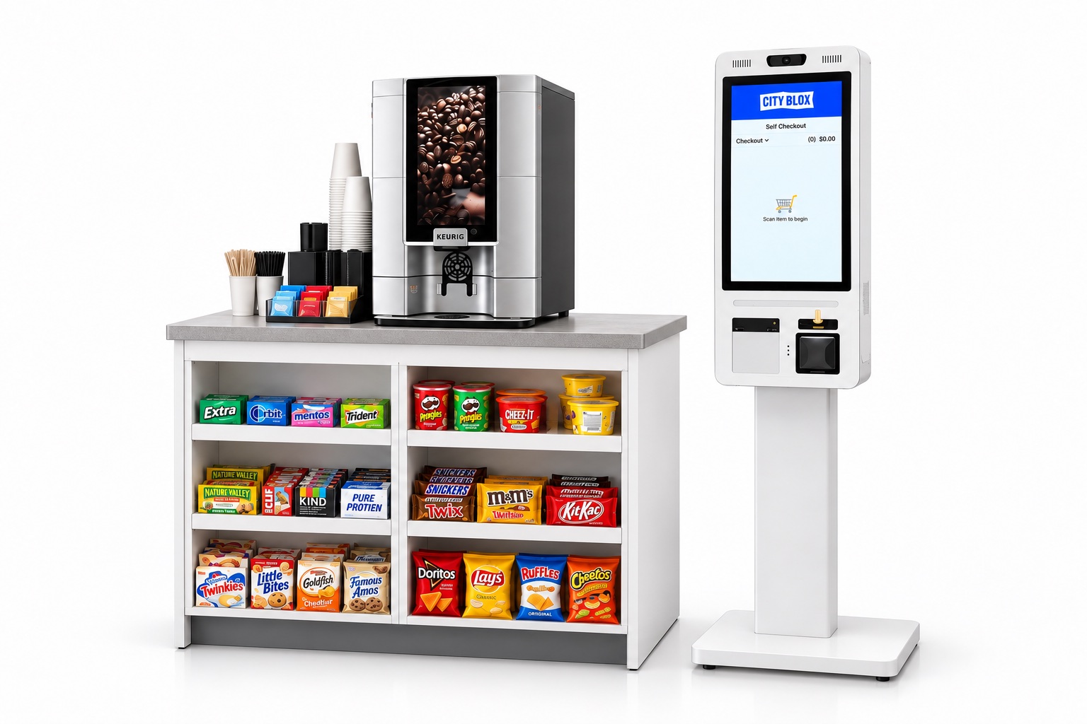 Compact snack, coffee and self-checkout station