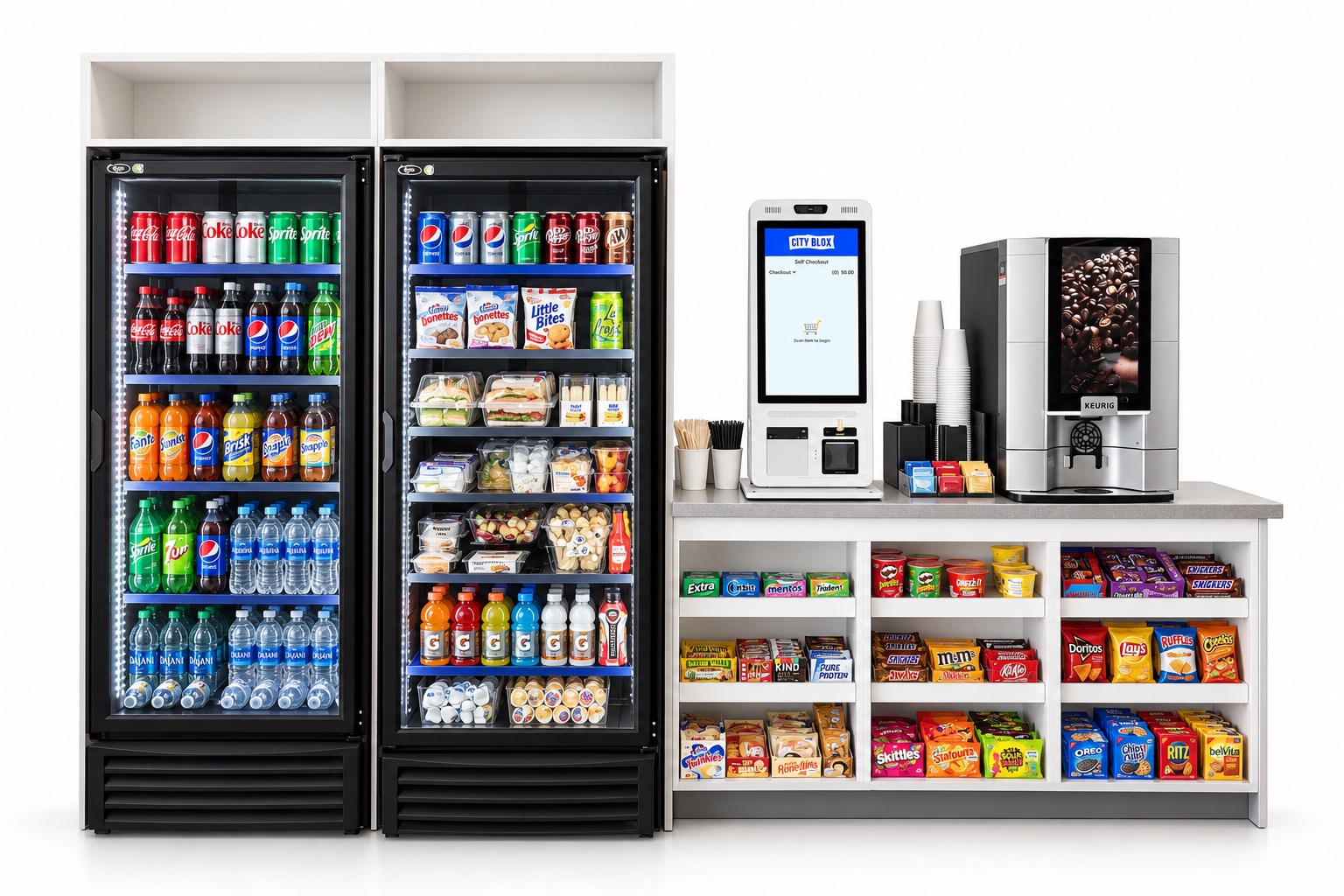 Micromarket with refrigerated drinks, snacks, coffee and a self-checkout kiosk