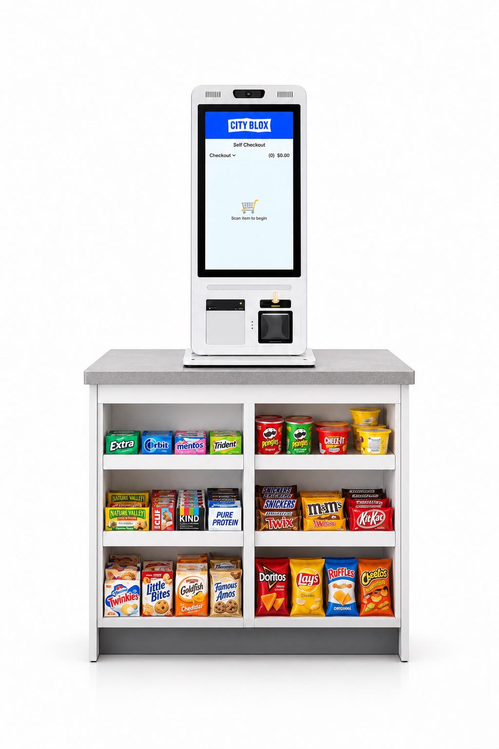 Self-checkout kiosk above a compact snack display