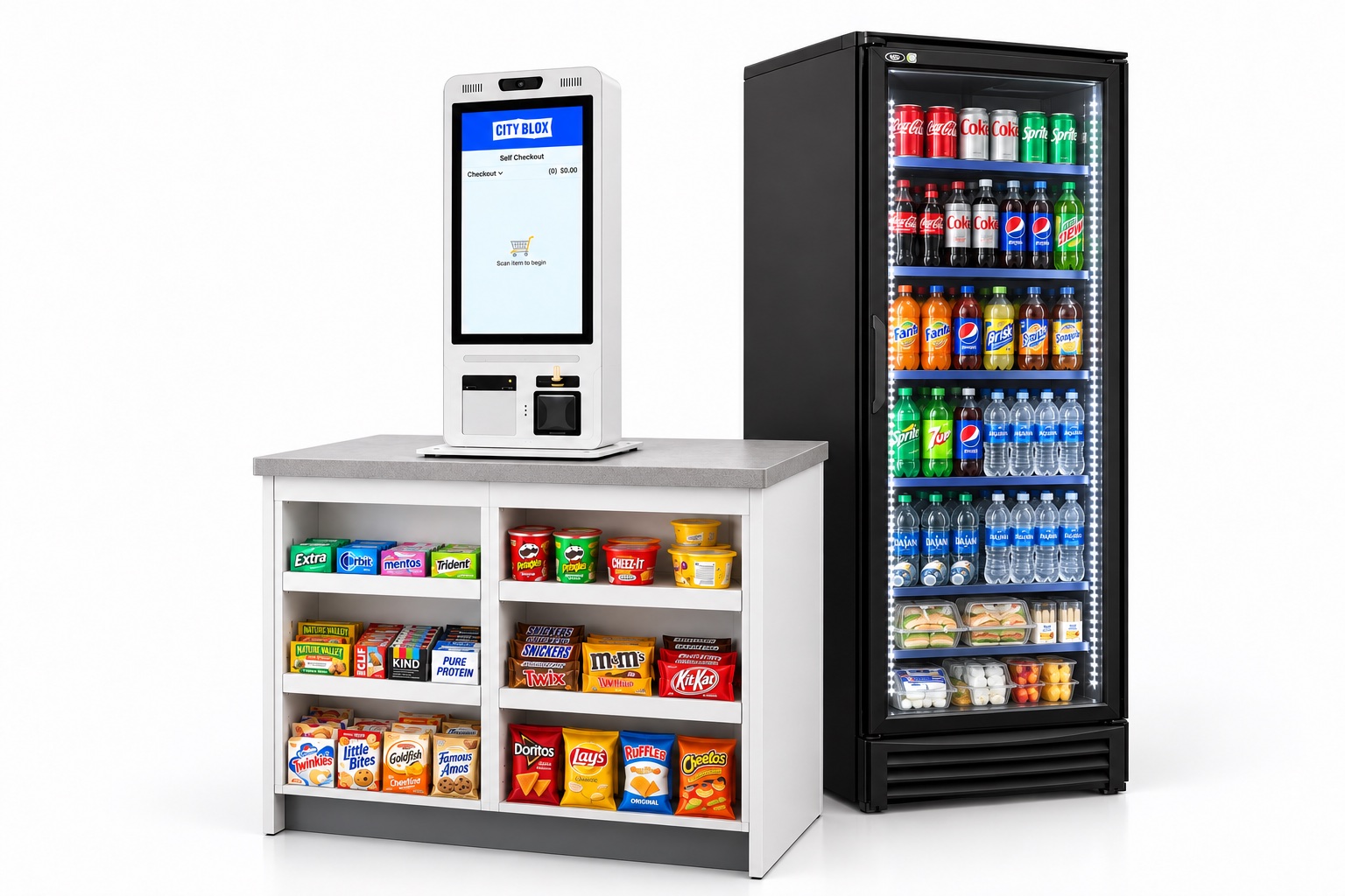 Self-checkout micromarket with a snack display and refrigerated beverages